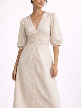 Zara Cream Midi Dress Ruched Front Puff Sleeve Button Down Linen Look SizeS NWT